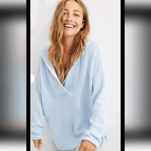 Aerie Womens Blue CozyUp Waffle Knit Cozy Soft Hoodie Oversized Sweater XS